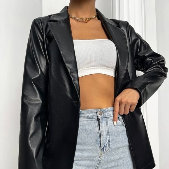 SHEIN Jackets & Blazers - Lapel Collar Single Button Faux Leather Blazer